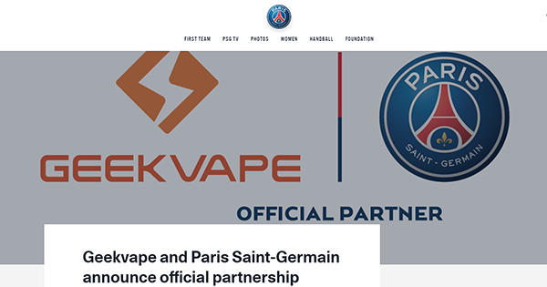 基克纳（GEEKVAPE）成为巴黎圣日尔曼俱乐部全球官方合作伙伴